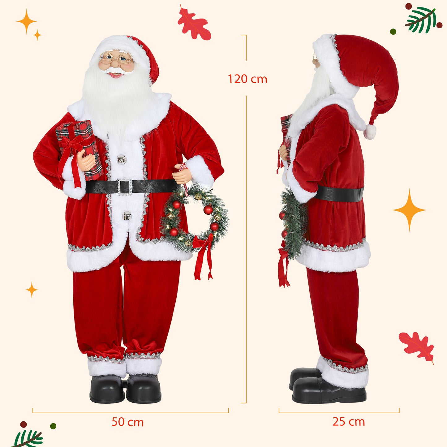 HOMCOM Weihnachtsmann, Weihnachts-Dekoration, 120 cm, biegsame Arme, mit Geschenk & Weihnachtskranz, Geräuschaktivierung, Rot