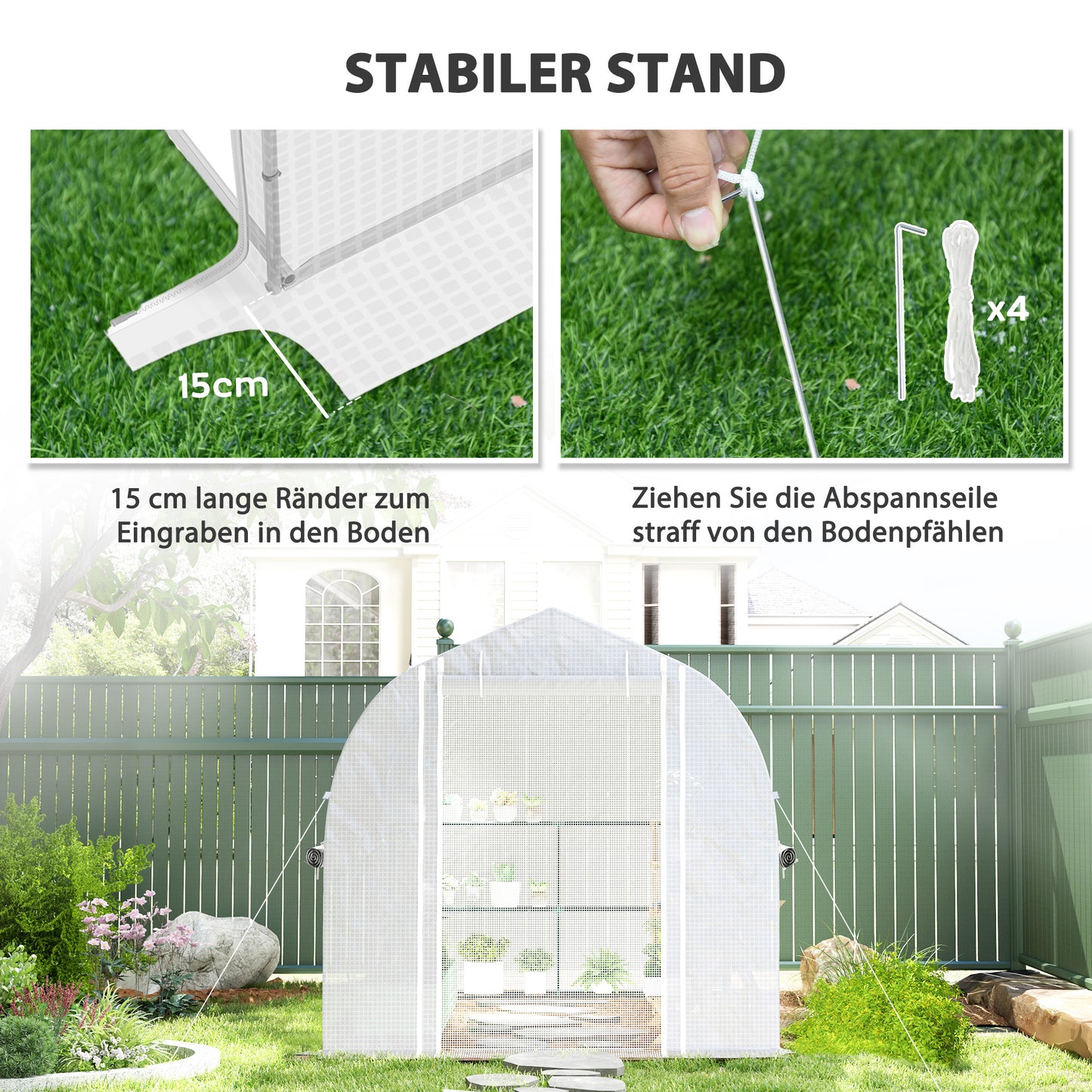Outsunny 3 x 2 x 2 m Polytunnel-Gewächshaus mit aufrollbaren Seitenwänden, UV-beständiger Kunststoff-Plane und Stahlrahmen, Weiß
