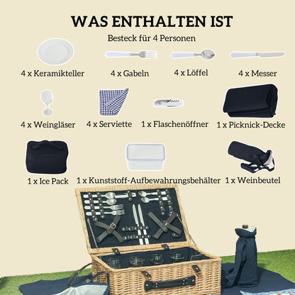 Outsunny Picknickkorb aus Weidenholz Picknickkoffer für 4 Personen mit Isoliert Kühlfach Besteck Set Naturholz
