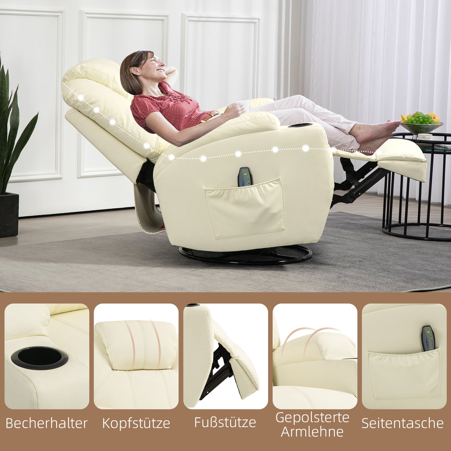 HOMCOM Relaxsessel mit Massagefunktion, neigbare Lehne, drehbar, bis 150 kg, Kunstleder, Cremeweiß