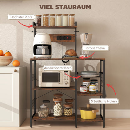 HOMCOM Küchenregal, Standregal mit 2 Steckdosen, 5 S-Haken, 5 Ablagen, Korb, X-Streben Stahl 90 x 42 x 130 cm