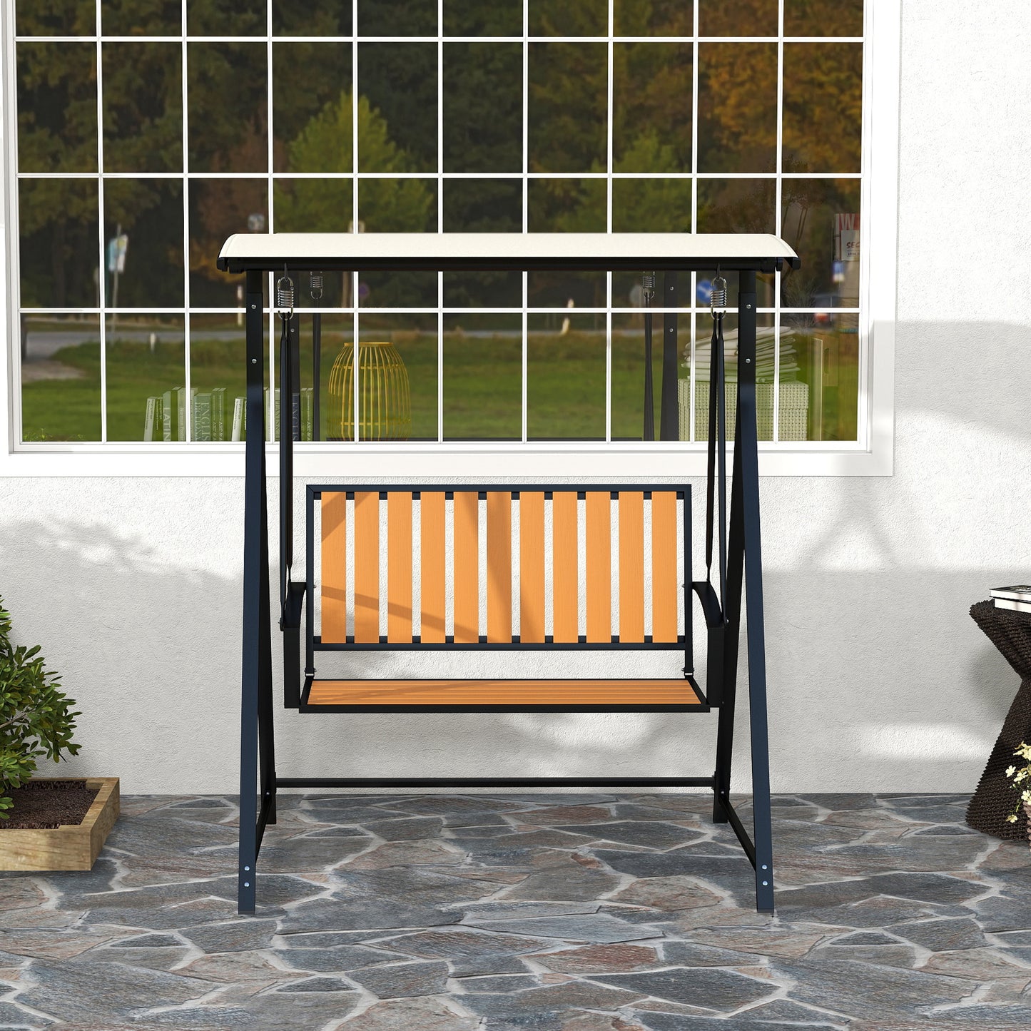 Outsunny Hollywoodschaukel mit verstellbarem Sonnendach, 2-Sitzer Gartenschaukel 142 x 112 x 162cm, Schwarz