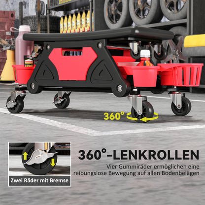 HOMCOM Werkstatthocker mit Rollen abnehmbar Sitz, Ablagefläche, 33cm hoch Rollhocker bis 135 kg belastbar Rot
