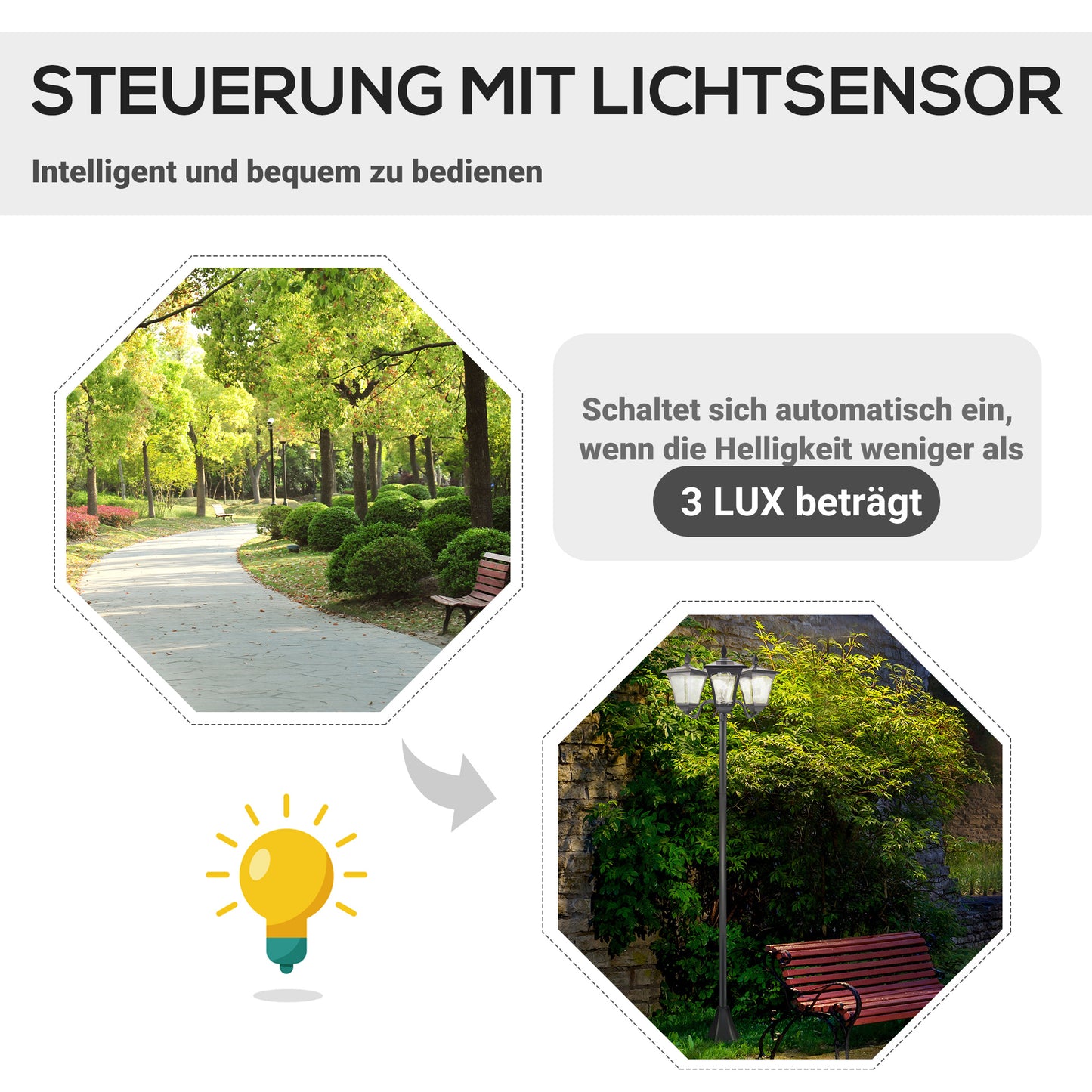 Outsunny Solar Gartenlaterne med 3 flammig Laterne Mast aus Edelstahl Solarlaterne med LED 120 Lumen 51,5x47x182,5cm Wegeleuchte IP44 för Garten Balkon Schwarz