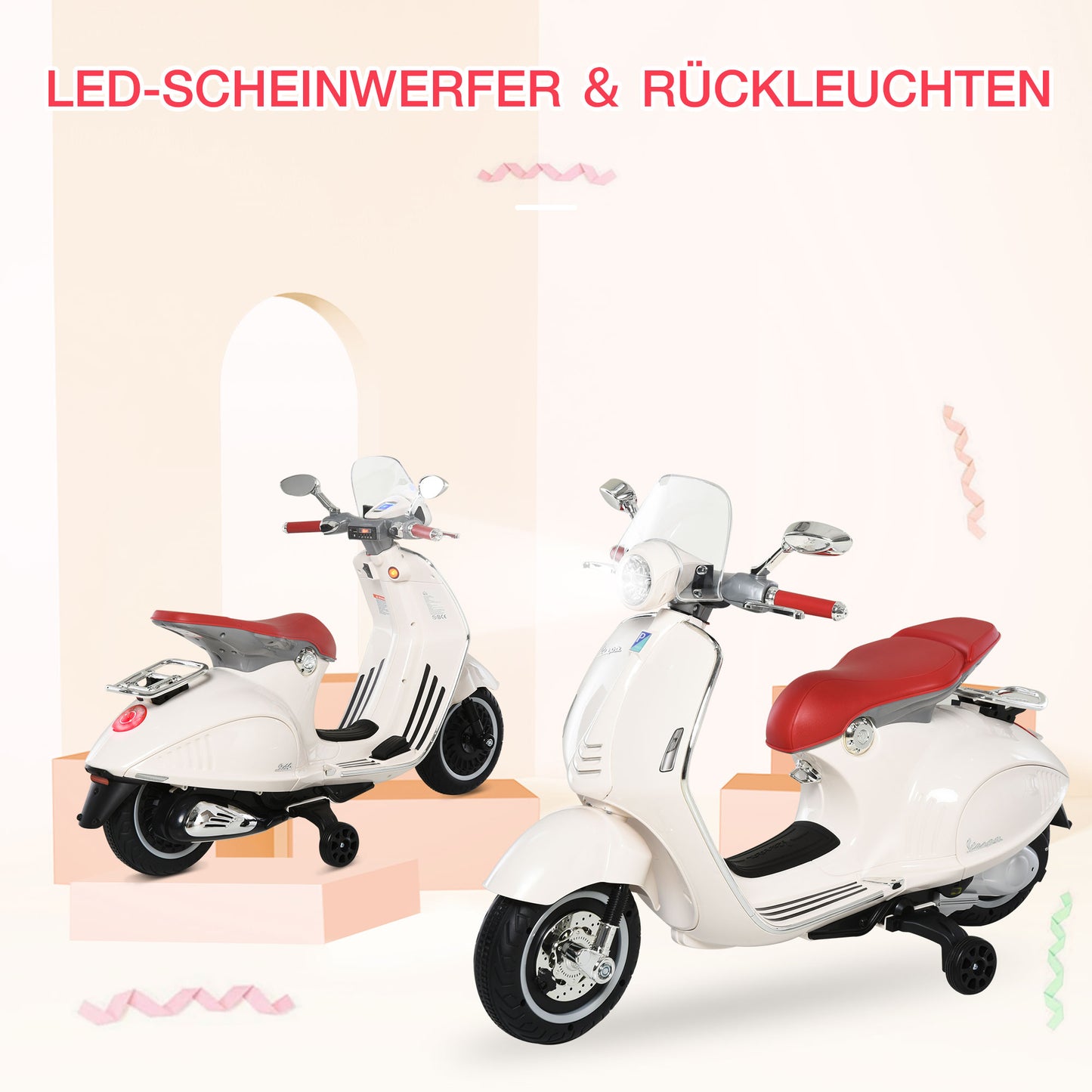HOMCOM Kinder Elektro-Motorrad, 6V Kindermotorrad mit Scheinwerfer, Musik, Vor- und Rückwärtsgang, Trainingsräder, 30 kg belastbar, Elektromotorrad für 3-6 Jahre Kinder, Weiß