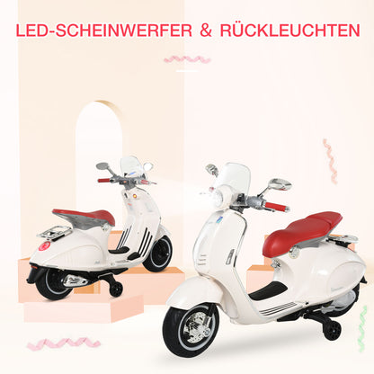 HOMCOM Kinder Elektro-Motorrad, 6V Kindermotorrad mit Scheinwerfer, Musik, Vor- und Rückwärtsgang, Trainingsräder, 30 kg belastbar, Elektromotorrad für 3-6 Jahre Kinder, Weiß