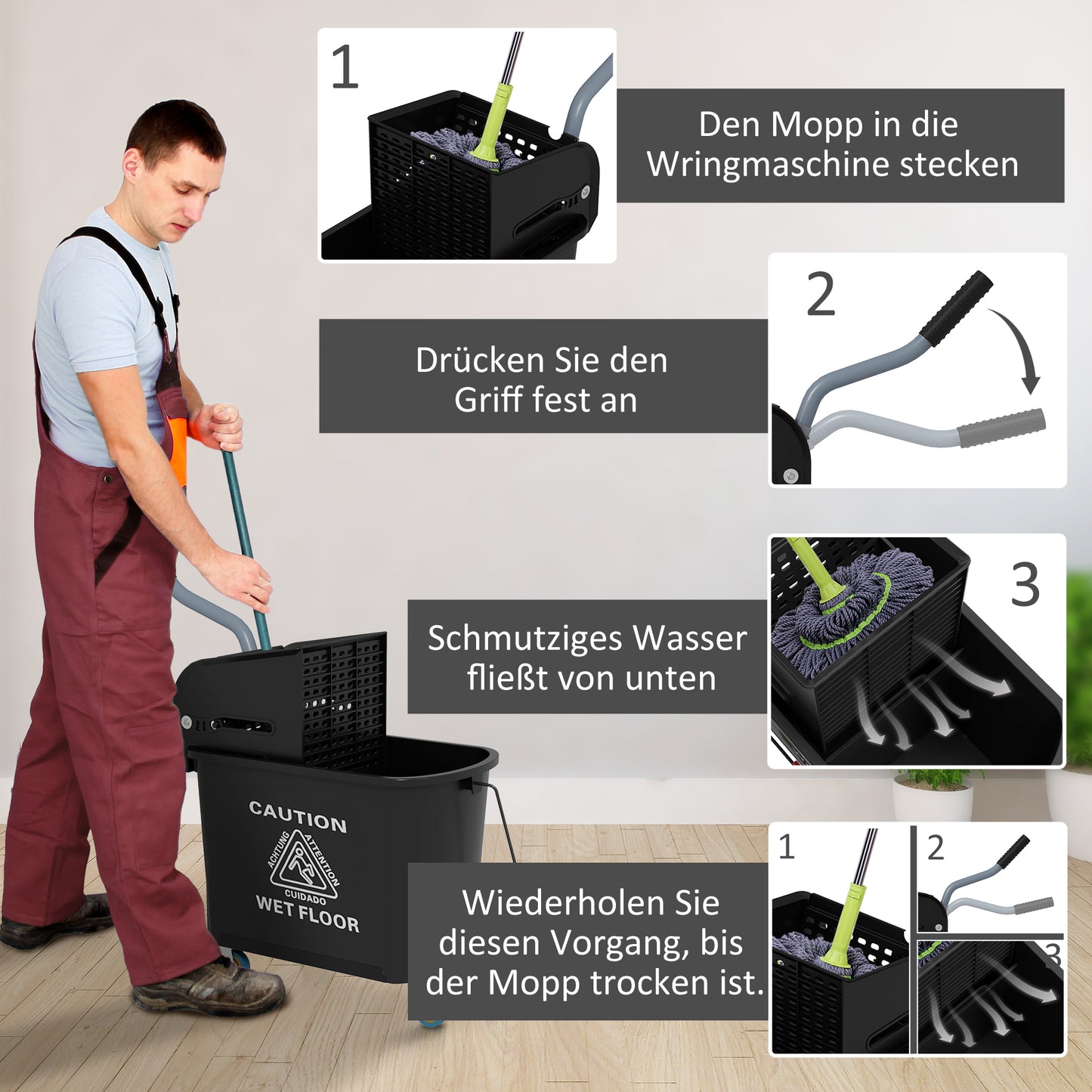 HOMCOM 20 L Mopp-Eimer mit Auswringer und Griff, Wischmopp-Eimer auf Rädern, Kunststoff, Schwarz