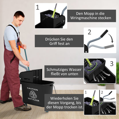 HOMCOM 20 L Mopp-Eimer mit Auswringer und Griff, Wischmopp-Eimer auf Rädern, Kunststoff, Schwarz