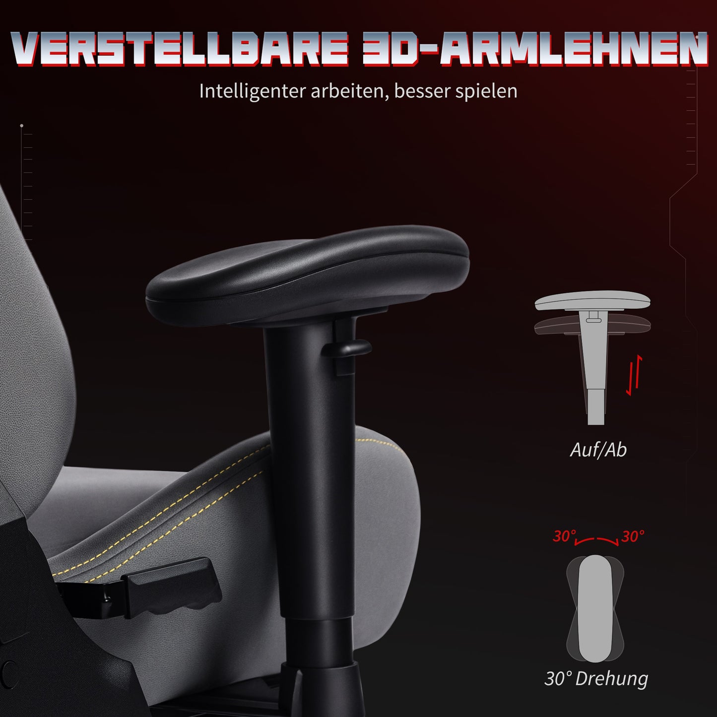 HOMCOM Ergonomischer Gaming-Stuhl mit 3D-Armlehnen, verstellbar, rollbarer Schreibtischstuhl mit Lendenstütze, Grau