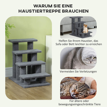 PawHut Tiertreppe Katzentreppe Hundetreppe Treppe für Katze und Hunde 4 Stufen Grau 63,5x43x60cm