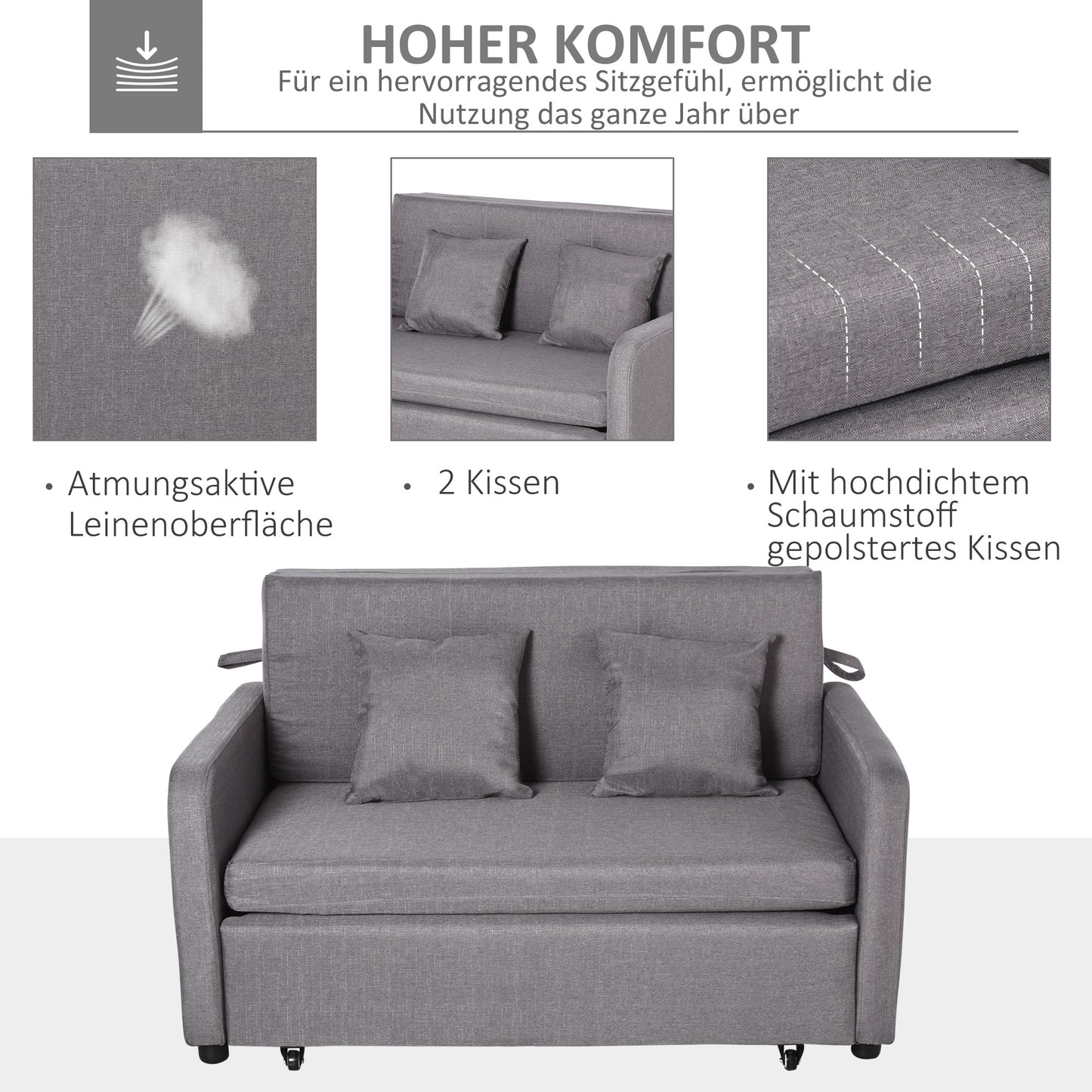 HOMCOM Schlafsofa für 2 Personen, mit Stauraum, leichter Umbau, flexibles Design, Grau