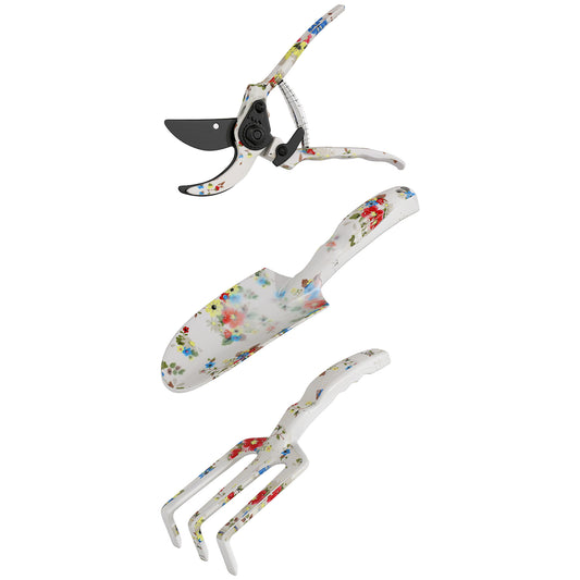 Outsunny Gartenwerkzeug Set 3 Stück Garten Werkzeug aus Metall mit Blumenkelle Handrechen Gartenschere