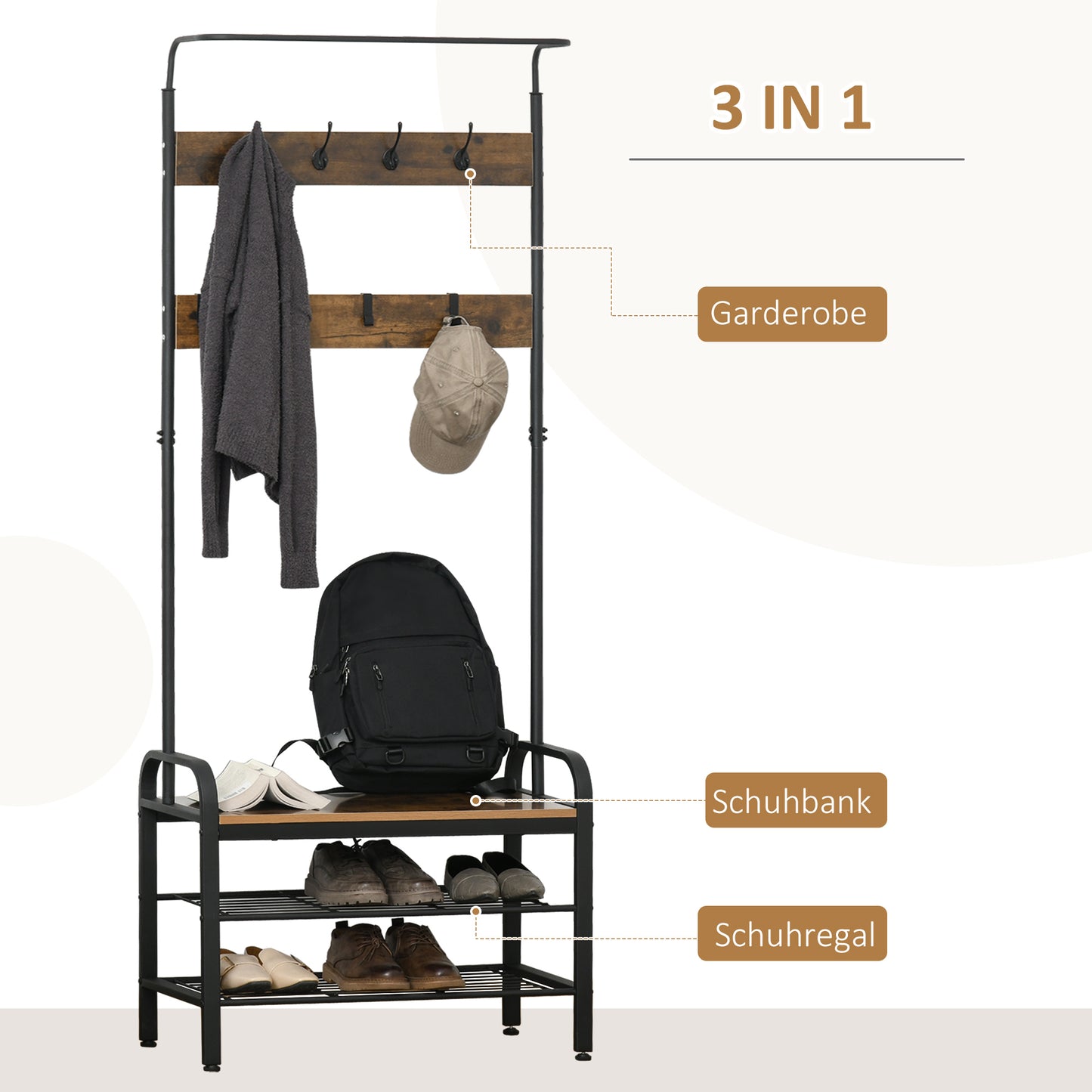 HOMCOM Garderobenständer Schuhregal Kleiderständer mit 8 Haken 2 Ablagen MDF Schwarz 72 x 34 x 185 cm