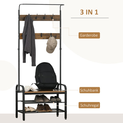 HOMCOM Garderobenständer Schuhregal Kleiderständer mit 8 Haken 2 Ablagen MDF Schwarz 72 x 34 x 185 cm