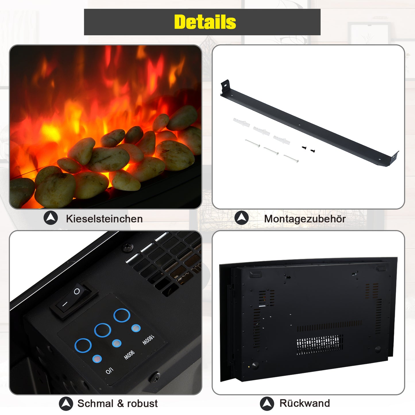 HOMCOM Elektrokamin mit Heizung, elektrischer Kamin mit 3D Flammeneffekt, 7 Flammenfarben, 900/1800 W, Wandkamin mit Timer, Dekokamin mit Fernbedienung, Schwarz, 65 cm