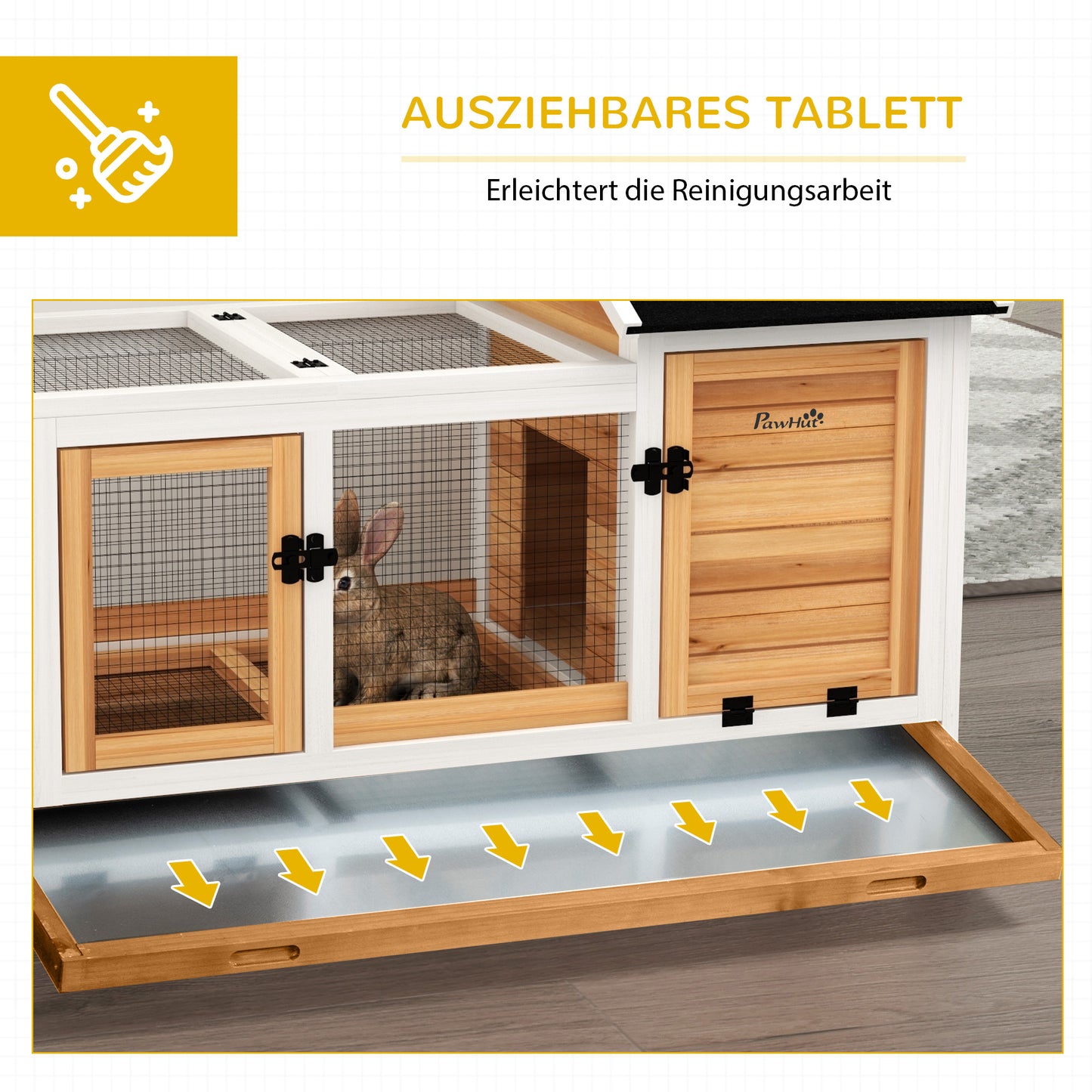 PawHut Kleintierstall für Zwergkaninchen, Meerschweinchen, mit Rädern, 108 x 58 x 73,5 cm, Gelb
