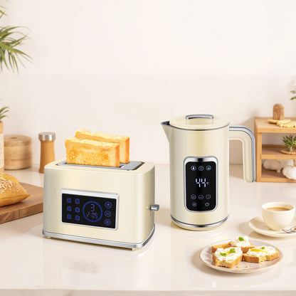 HOMCOM Wasserkocher und Toaster-Set mit LED-Touchscreen, 1,7 L, 2 Toasterschlitze, verschiedene Modi und Funktionen, Cremeweiß