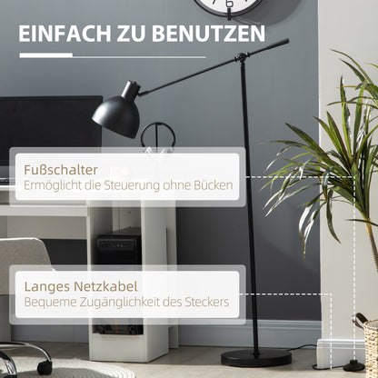HOMCOM Stehleuchte im Industriedesign, höhenverstellbar, Bodenschalter; 30 m x 30 cm x 131 cm, Schwarz
