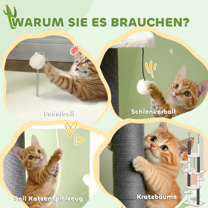 PawHut Kratzbaum, deckenhoch, verstellbar 225-255 cm, Plattformen &amp; Hängematten, Kippschutz, Weiß