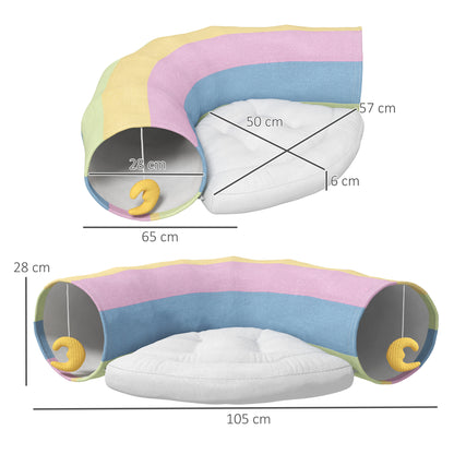 PawHut Katzentunnel Katzenspielzeug, 2 Spielzeuge, 1 Liegepolster, verspieltes Design, 105 cm x 65 cm x 28 cm, Mehrfarbig