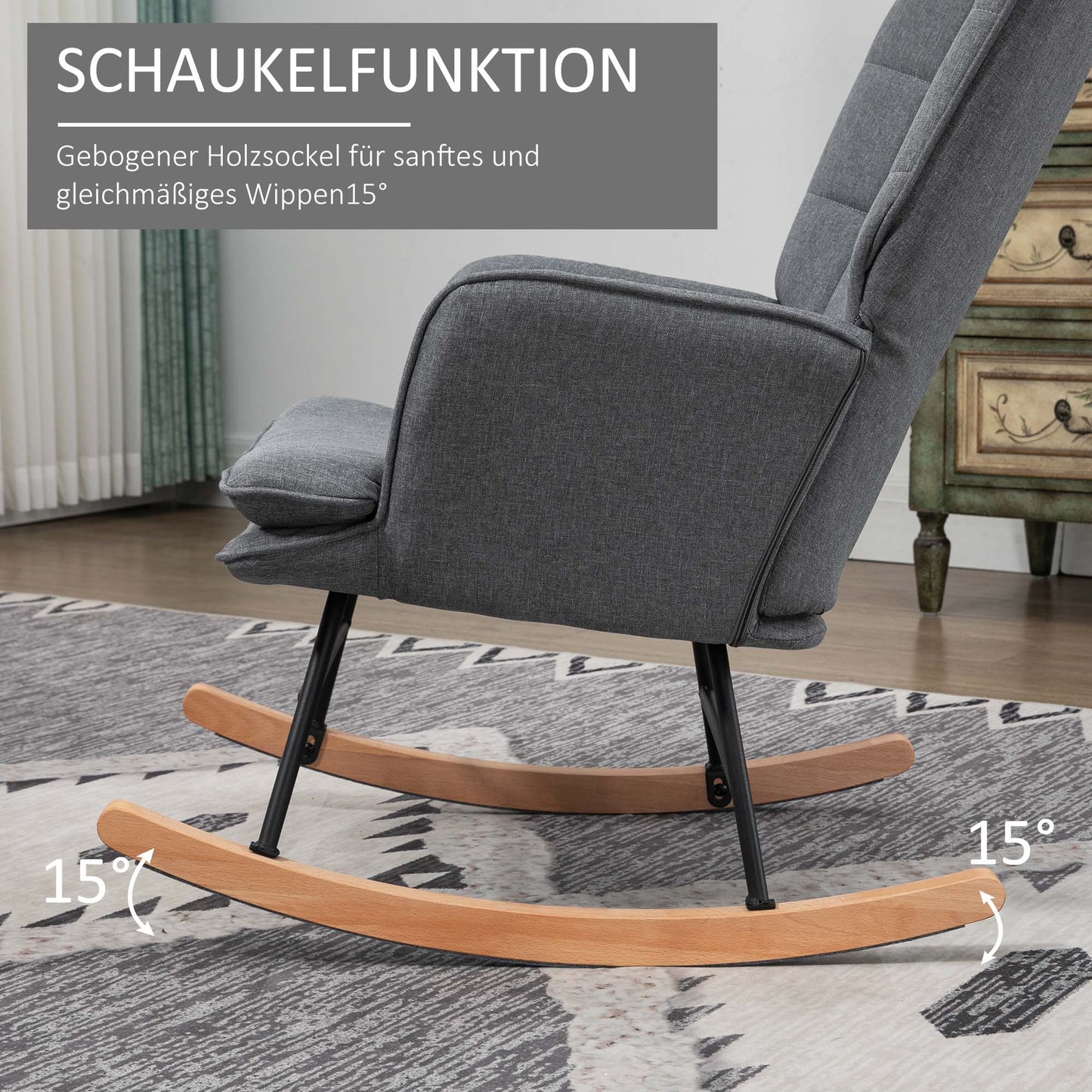 HOMCOM Schaukelstuhl mit Hocker, komfortabel, bis 130 kg, Leinenoptik, 64x89x90cm, Grau