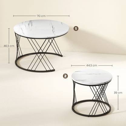 HOMCOM Couchtische im 2er-Set, Marmoroptik, Spanplatte, Metall, runde Kaffeetische für Wohnzimmer, ineinanderstellbar, Weiß