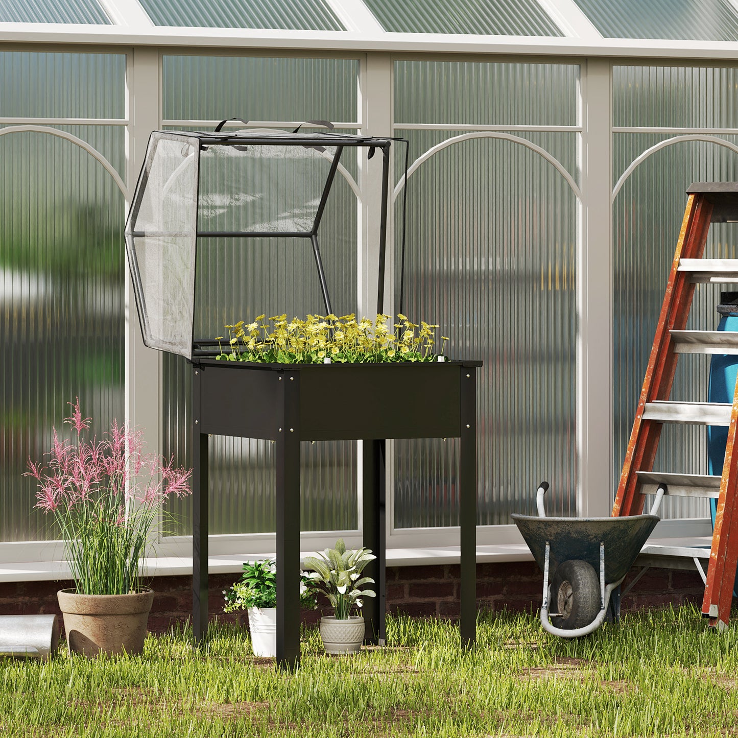 Outsunny Hochbeet mit Gewächshaus-Dach, Erhöhte Pflanzenbox mit Ablauflöchern, 60 x 60 x 120 cm, Schwarz