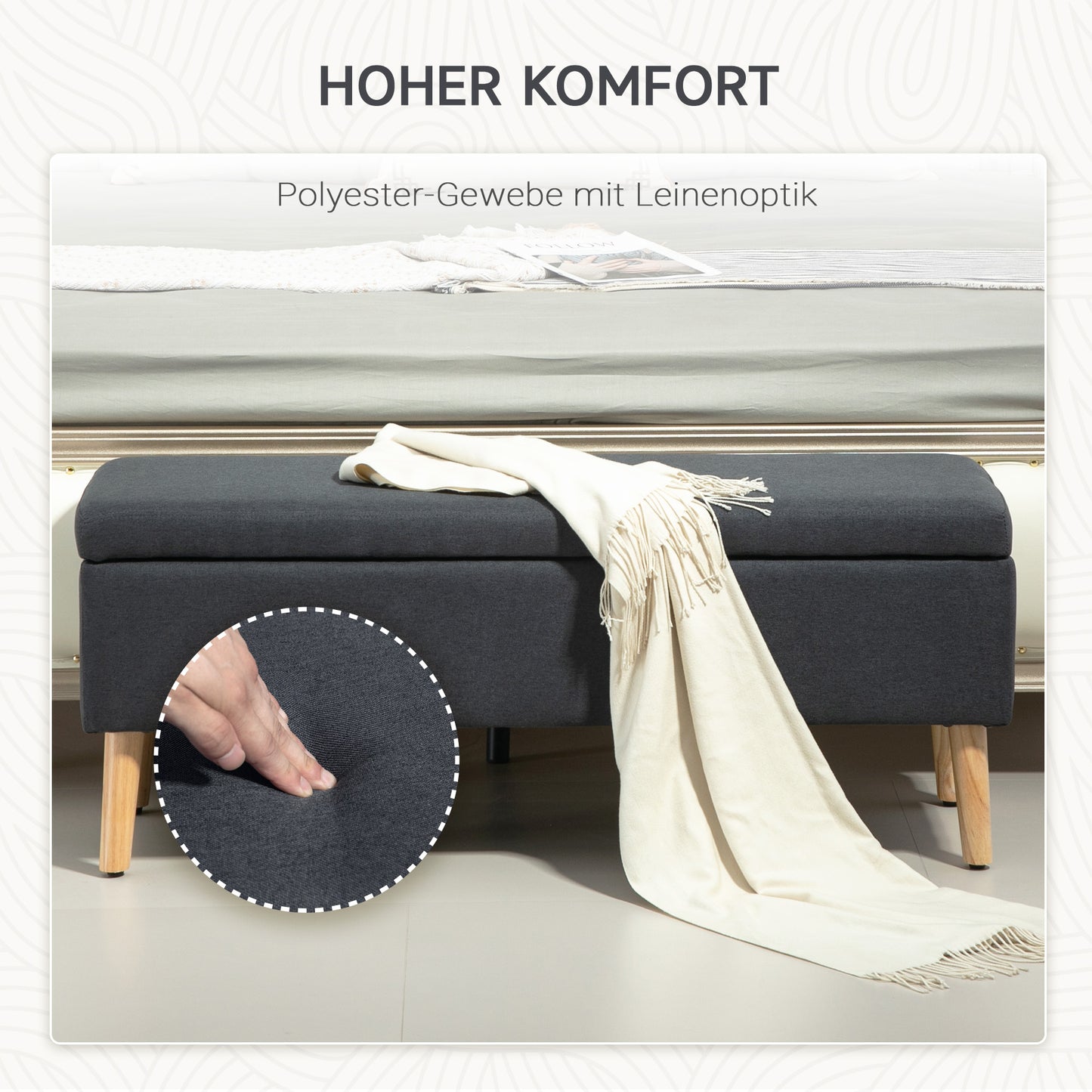 HOMCOM Polsterbank mit Stauraum, Bettbank in Leinenoptik, Kautschukholz, 110 x 39 x 45 cm, Dunkelgrau