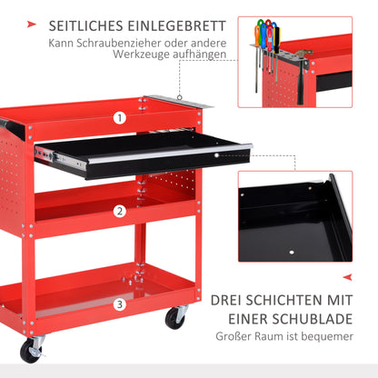 HOMCOM Werkzeugkoffer Werkzeugtrolley Werkzeugbox, 3 Ebenen, 4 Rollen, 82 cm x 35 cm x 76 cm, Rot