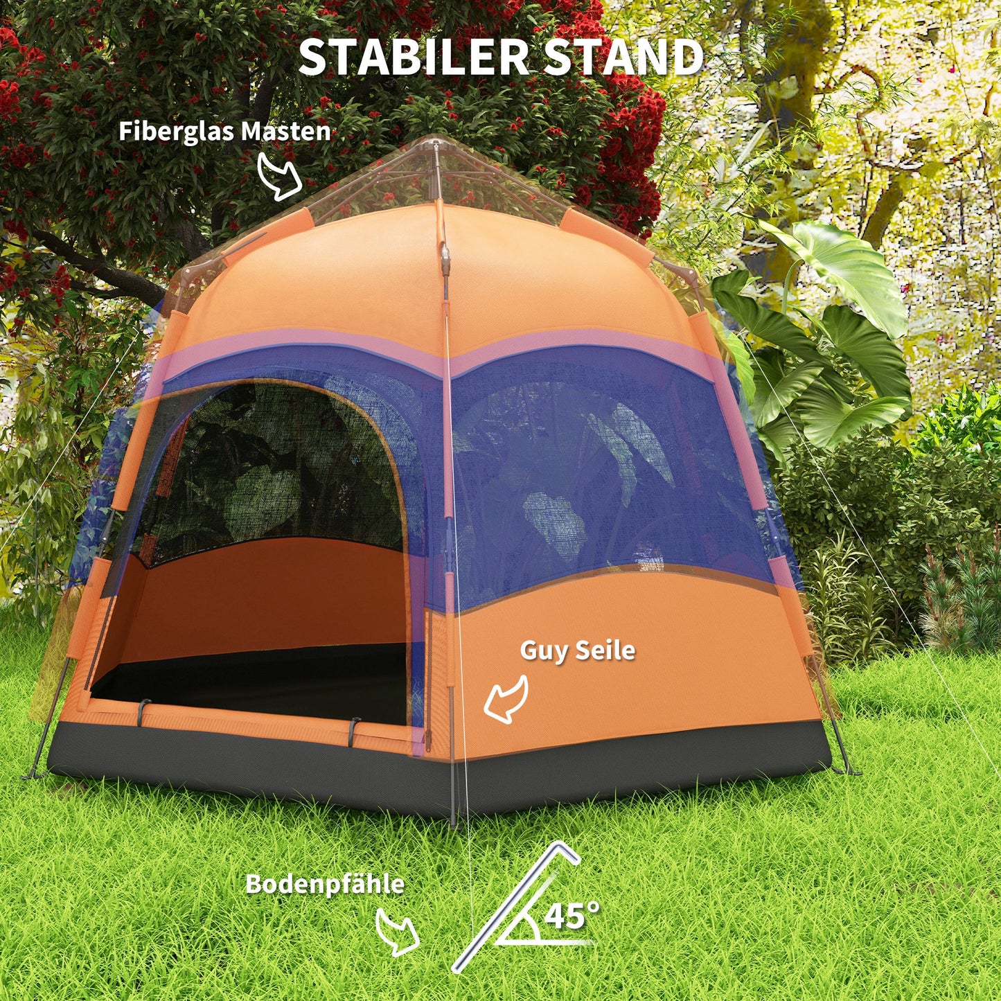 Outsunny Doppellagiges Instant-Pop-Up-Zelt mit Regenschutz, Outdoor Familienzelt für 4 Personen wasserdicht sechseckig 4 Jahreszeiten Kuppelzelt mit Bodenplane 2 Türen Moskitonetz Tragetasche Orange
