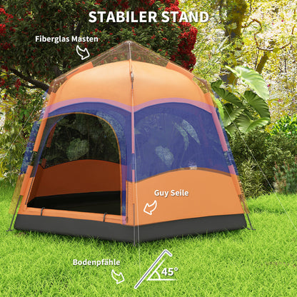 Outsunny Doppellagiges Instant-Pop-Up-Zelt mit Regenschutz, Outdoor Familienzelt für 4 Personen wasserdicht sechseckig 4 Jahreszeiten Kuppelzelt mit Bodenplane 2 Türen Moskitonetz Tragetasche Orange