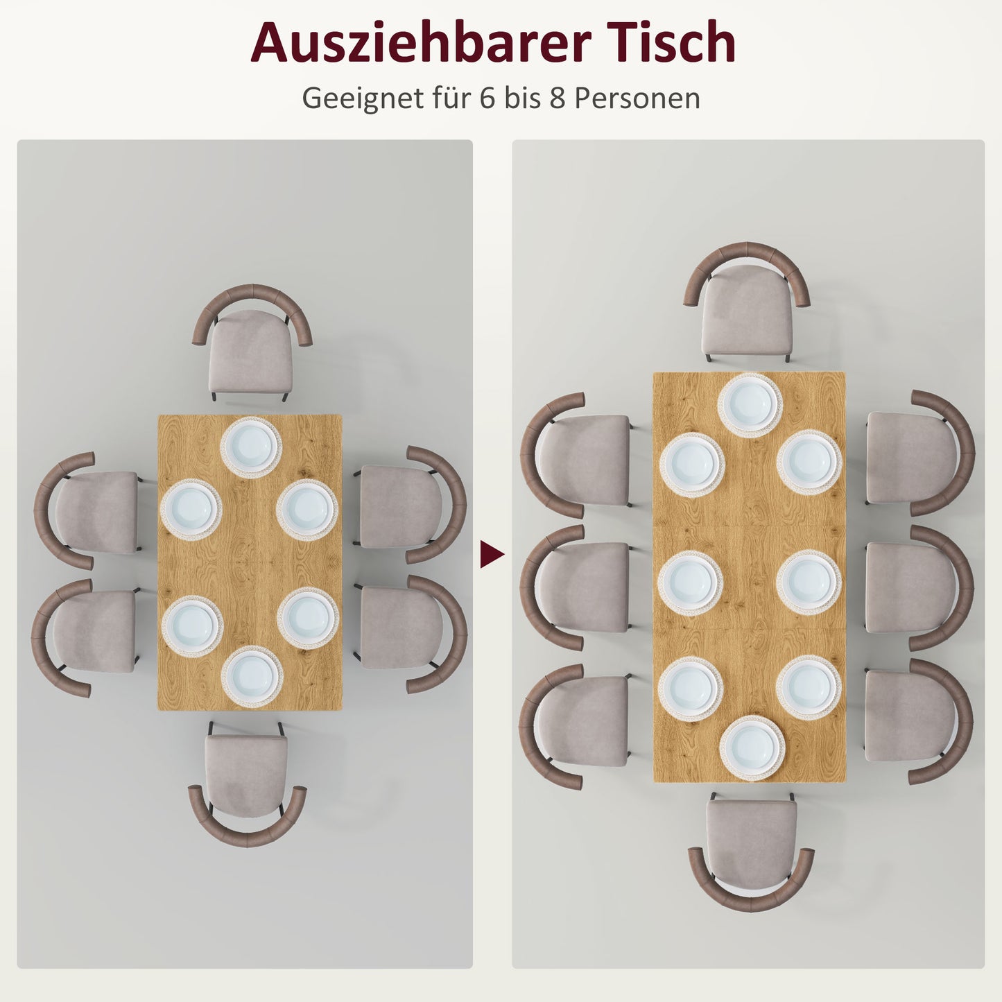 HOMCOM Ausziehbarer Esstisch, Erweiterbarer Tisch für 6-8 Personen, Küchentisch mit soliden Stahlbeinen