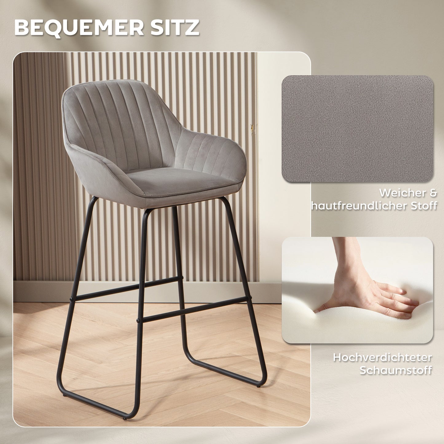 HOMCOM 2er-Set Barstühle, Barhocker mit Stoffbezug und Schaumstoffpolsterung, Polsterhocker mit Metallbeinen, Grau