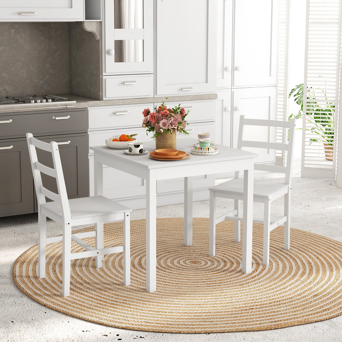 HOMCOM 3-teilige Essgruppe Sitzgruppe Tisch mit Stühlen, Massivholz, Weiß