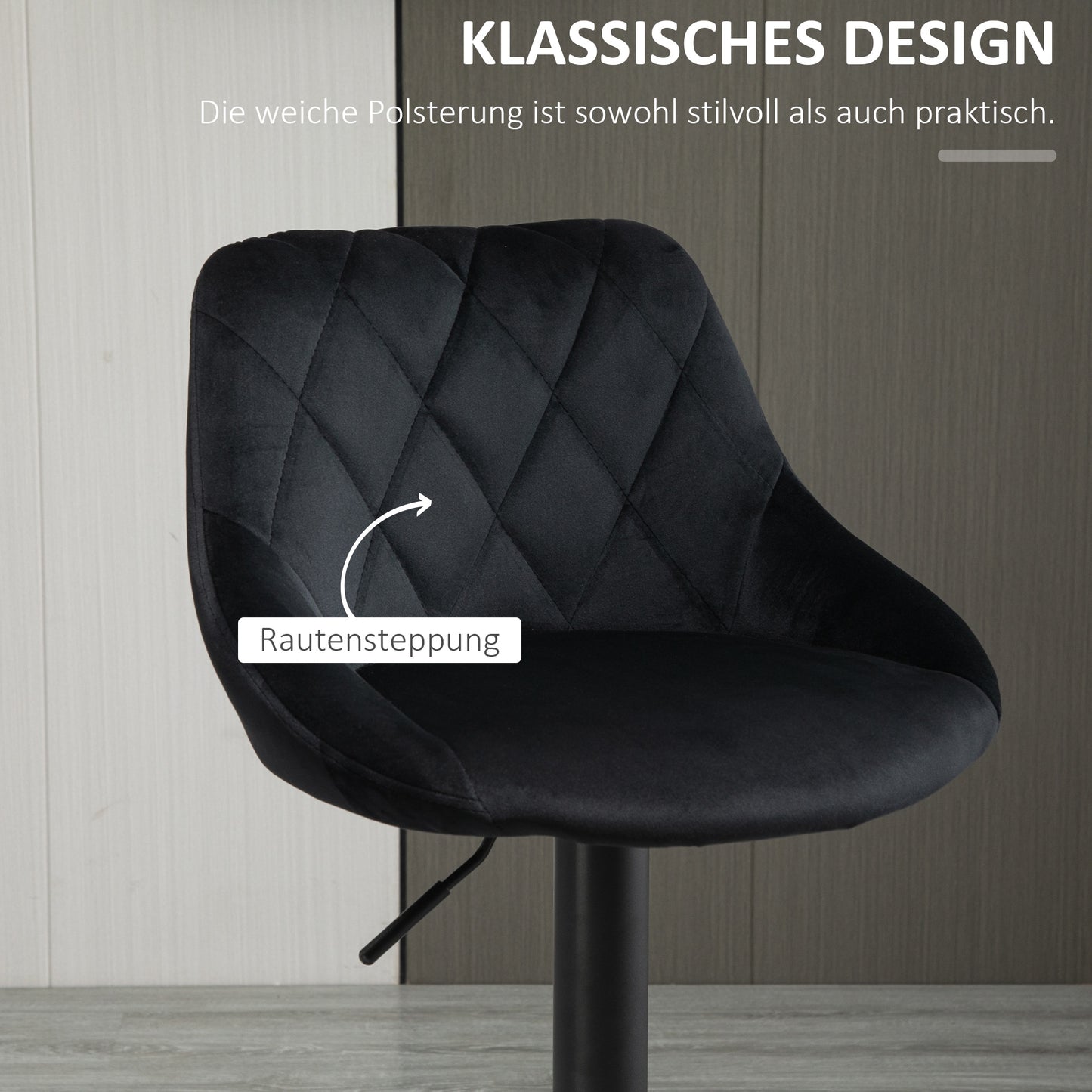 HOMCOM Barhocker 2er Set, Gepolstert Barstuhl mit Stahlgestell, Lehne, Samtoptik, Höhenverstellbar Küchenstühle mit Fußstütze 360° Drehbar Tresenhocker für Küche, Wohnzimmer, Esszimmer Schwarz