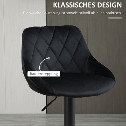 HOMCOM Barhocker 2er Set, Gepolstert Barstuhl mit Stahlgestell, Lehne, Samtoptik, Höhenverstellbar Küchenstühle mit Fußstütze 360° Drehbar Tresenhocker für Küche, Wohnzimmer, Esszimmer Schwarz