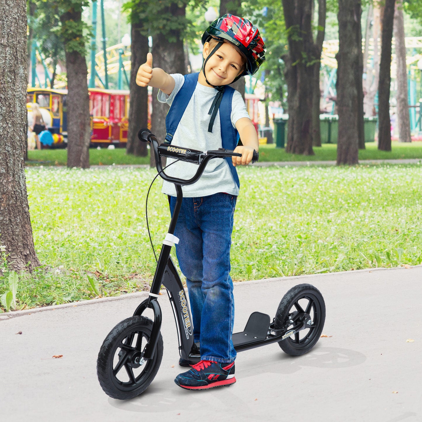 HOMCOM Kinderroller mit Hinterbremse Kickscooter 12 Zoll Tretroller Roller Scooter Cityroller für Kinder Kickboard Höhenverstellbar Stahl EVA Schwarz 120 x 52 x 80-88 cm