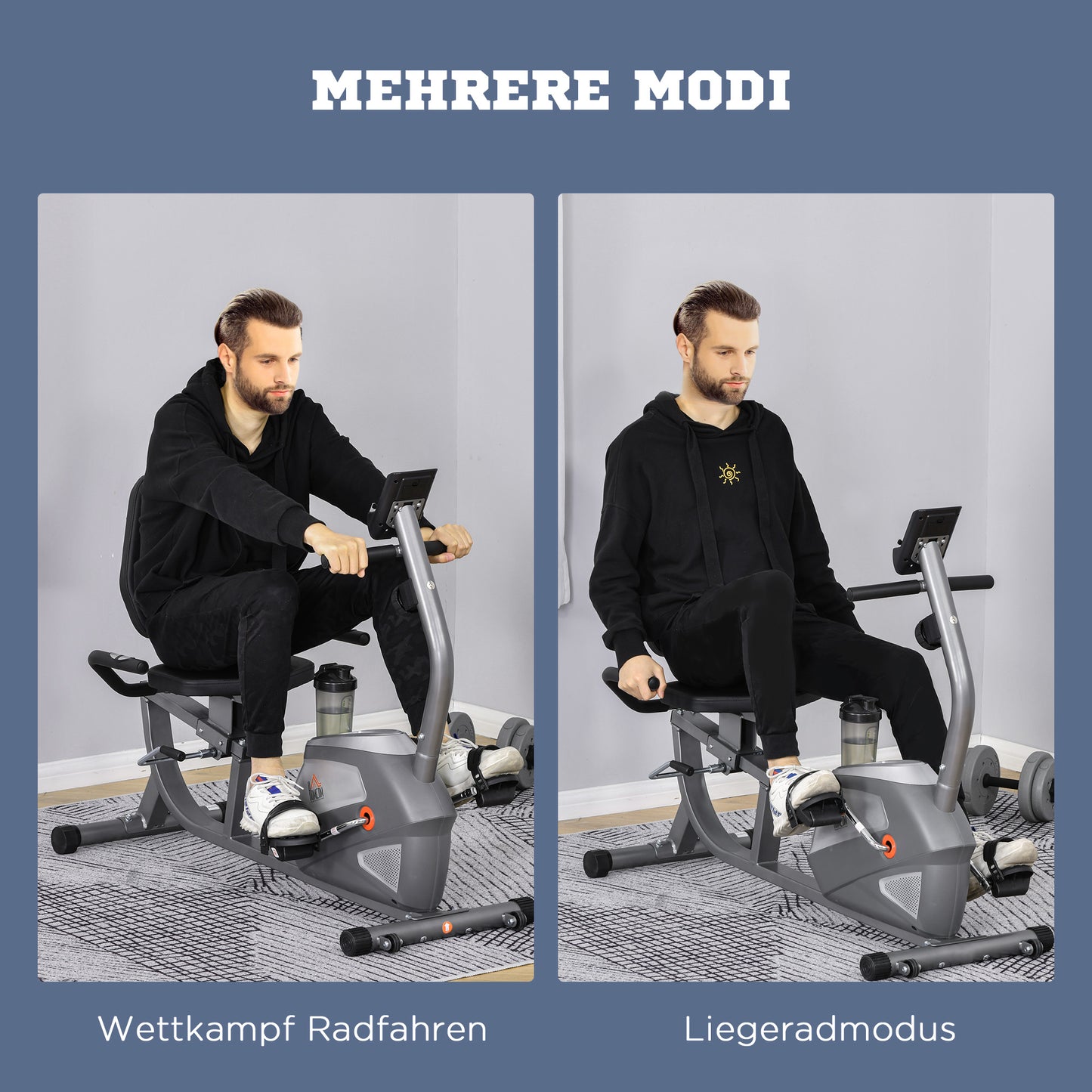 HOMCOM Liegeergometer mit LCD-Anzeige 8 stufig einstellbarem Magnetwiderstand Liegeheimtrainer mit Herzfrequenzsensoren, verstellbarer Rückenlehne, Nutzergewicht bis 110 kg für zu Hause Gym