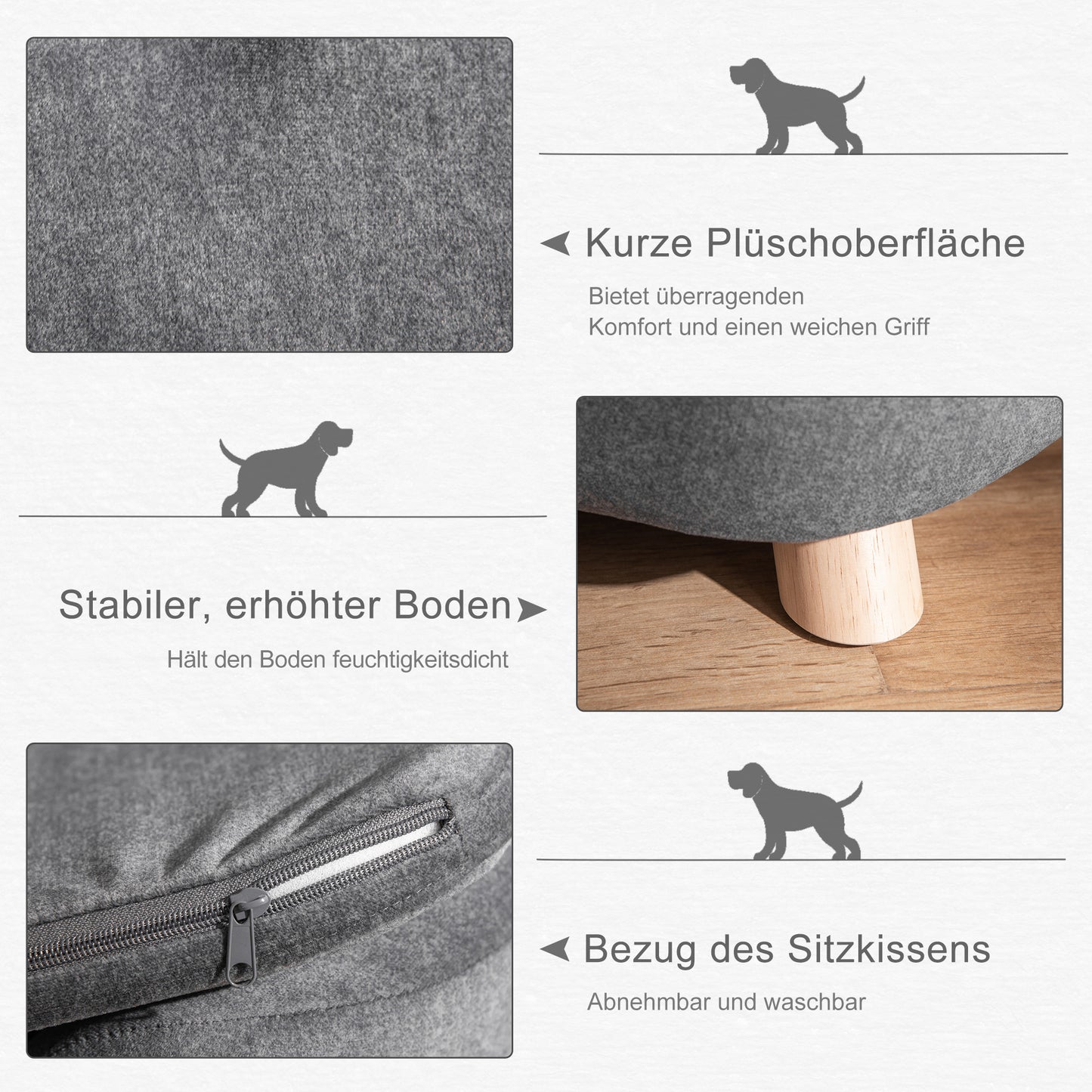 PawHut Haustiersoffa Hundematte Hundebett Hundesofa Hundecouch Katzen Sofa mit Kissen Rückentasche Plüsch Schaumstoff Kiefernholz Dunkelgrau 70 x 47 x 30 cm