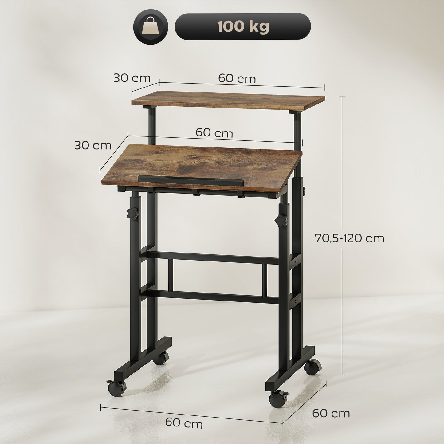 HOMCOM chreibtisch Höhenverstellbar Küchentisch mit Regal, Rollen, Computertisch Rustikal Braun 60 x 60 x 70,5-120 cm