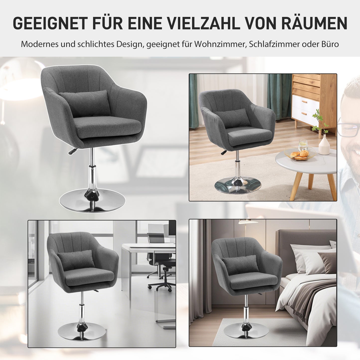HOMCOM Drehstuhl, höhenverstellbarer Bürostuhl, leinenartiges Polyester, Metall, 60 x 60 x 79-91 cm, Dunkelgrau