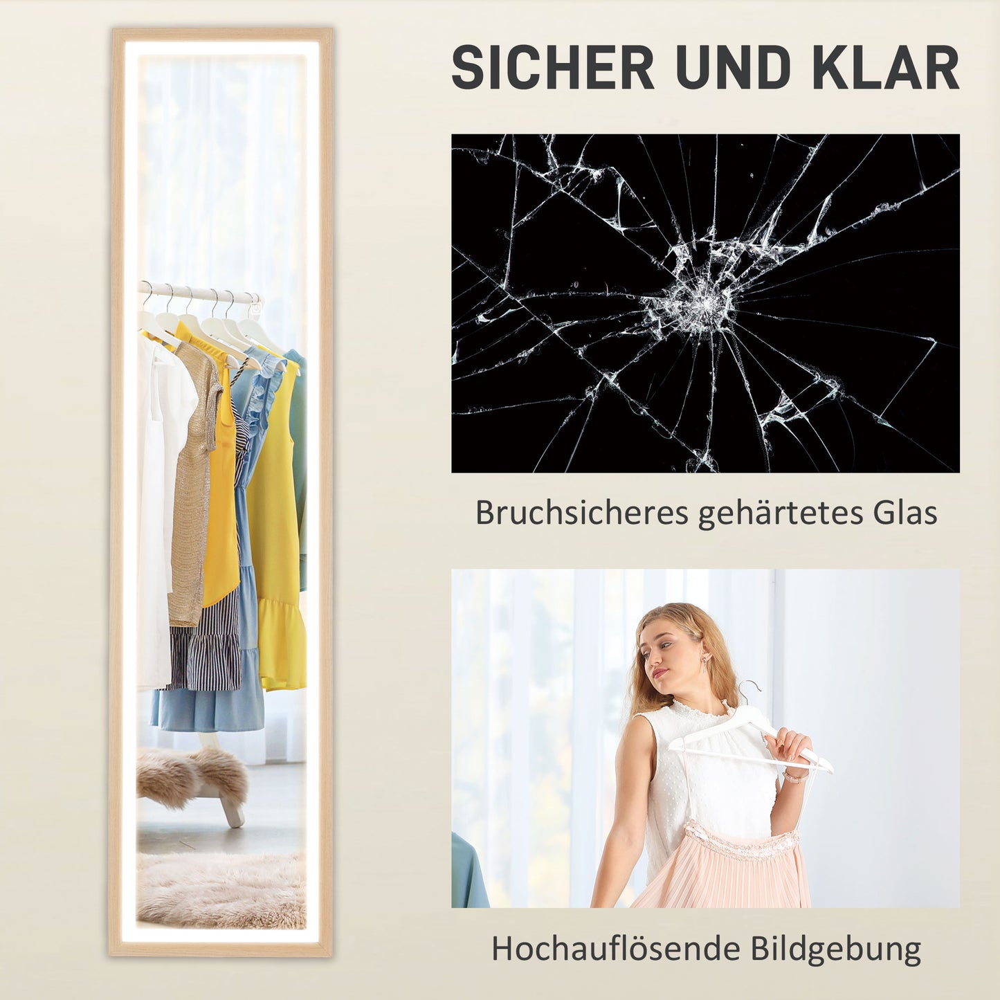 HOMCOM LED Ganzkörperspiegel, 40 x 160 cm, Touch-Steuerung, dimmbar, 3 Farben, Eiche