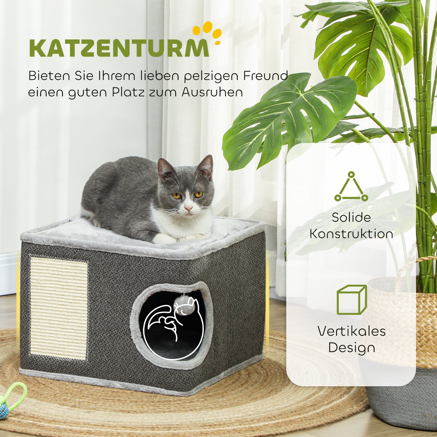 PawHut Katzenhaus mit 2 Kissen, Bett, Höhle, Kratzmatte, Spielball, kleiner Kratzbaum, Grau