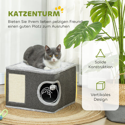 PawHut Katzenhaus mit 2 Kissen, Bett, Höhle, Kratzmatte, Spielball, kleiner Kratzbaum, Grau