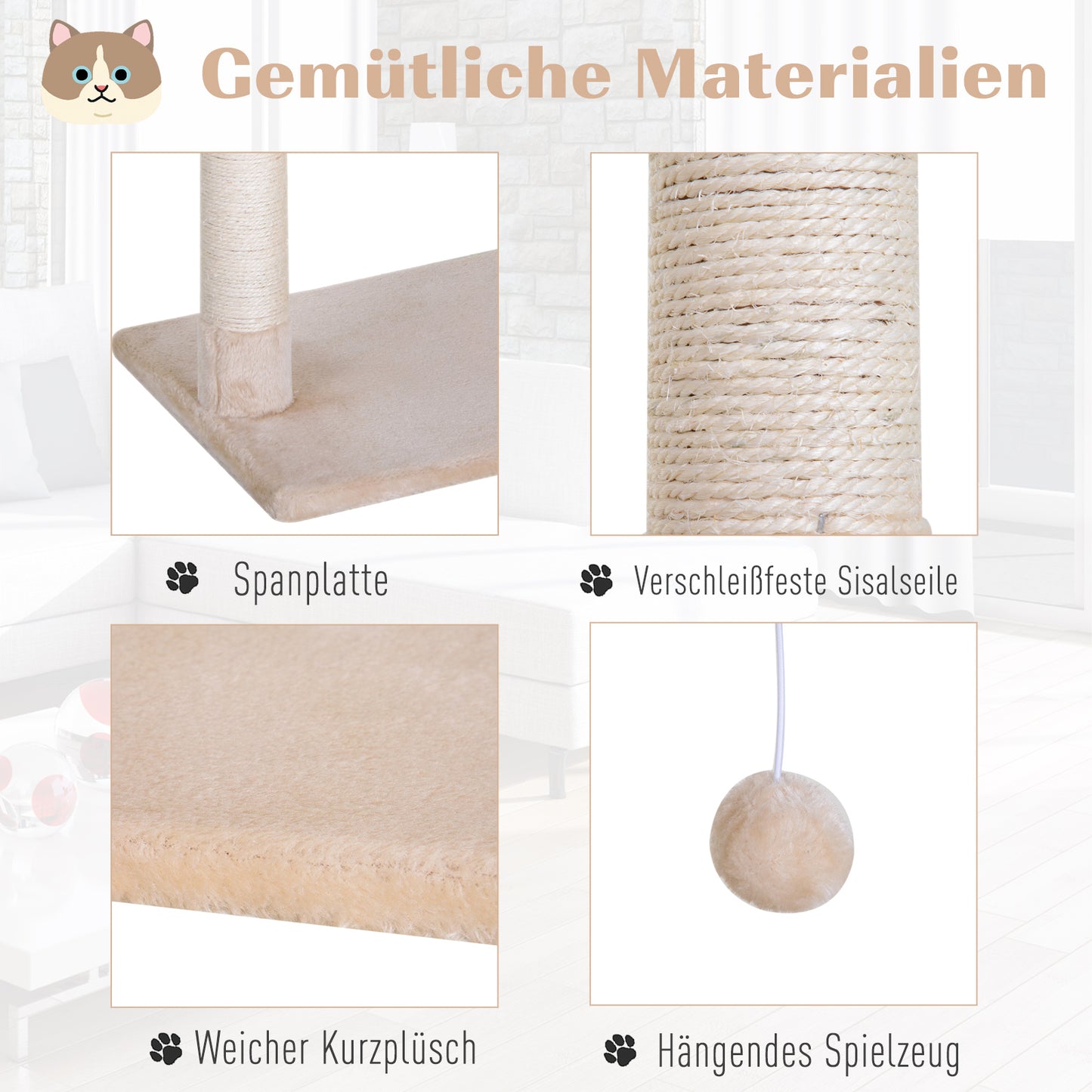 PawHut Kletterbaum Katzenbaum Kratzbaum mit Sisalsäule Plüsch-Hängematte Spanplatte Beige 50 x 36 x 70 cm