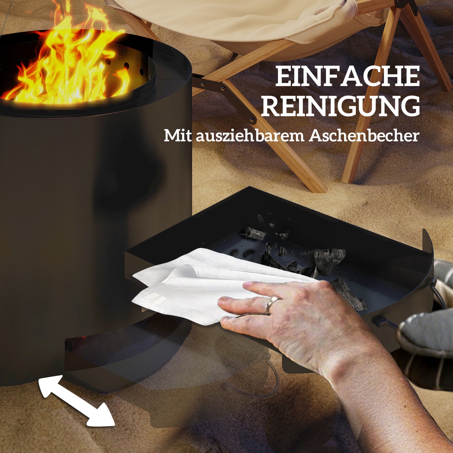 Outsunny Feuerschale Ø45x42cm aus Edelstahl Feuerstelle mit Schürhaken Aschenwanne Schwarz