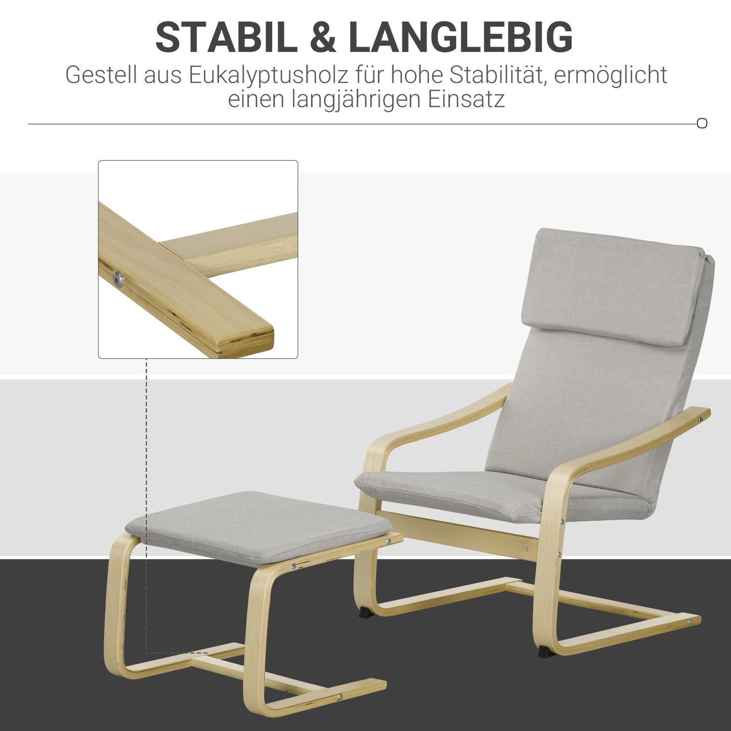 HOMCOM Loungesessel mit Hocker, Bezug in Leinenoptik, Holzrahmen, bis 120 kg, Hellgrau/Natur