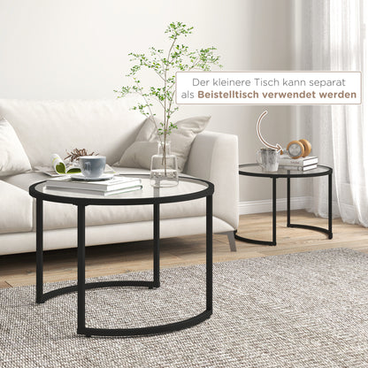 HOMCOM 2er-Set Beistelltische Couchtische Industrie-Design, Glastische, stapelbar, Schwarz + Transparent