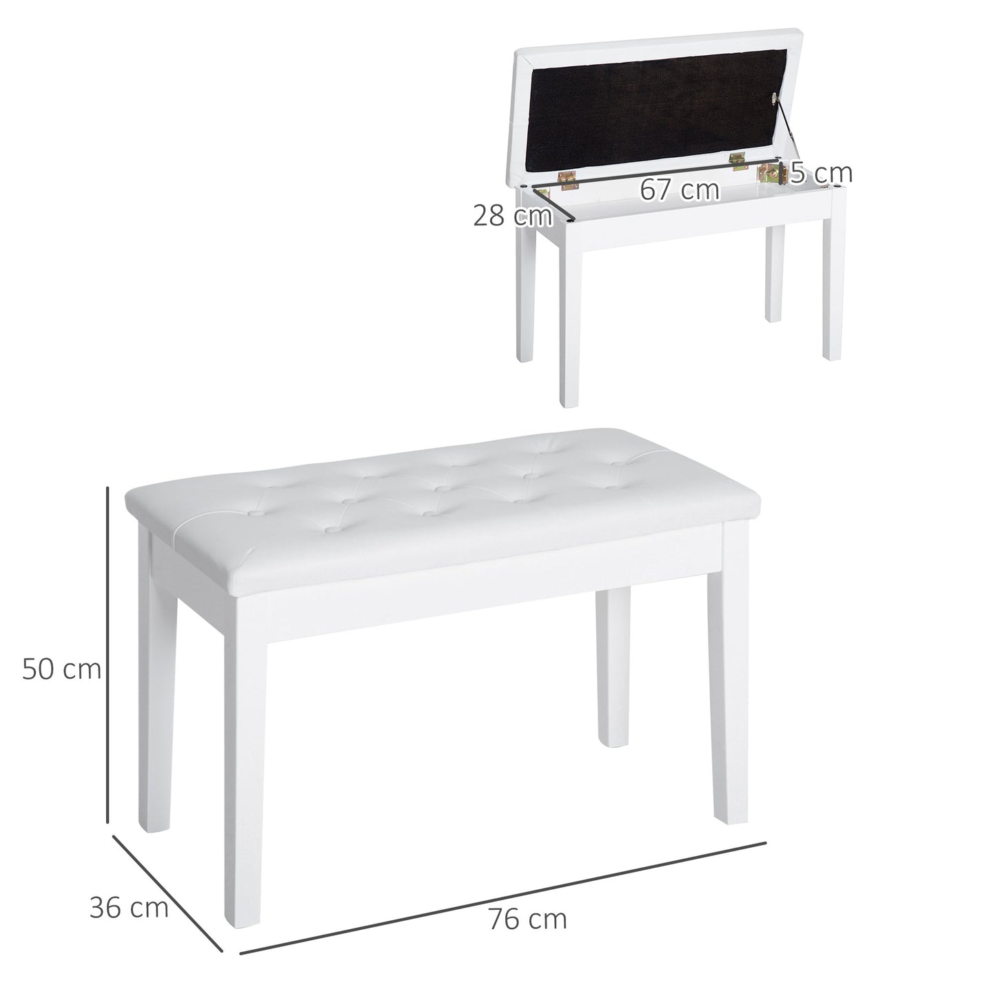 HOMCOM Klavierhocker, Klavierbank mit Verstecktem Stauraum, Klavierstuhl mit Kunstleder Kissen, Pianobank, Massivholz Keyboardbank für Piano, Keyboard, 76 x 36 x 50 cm, Weiß