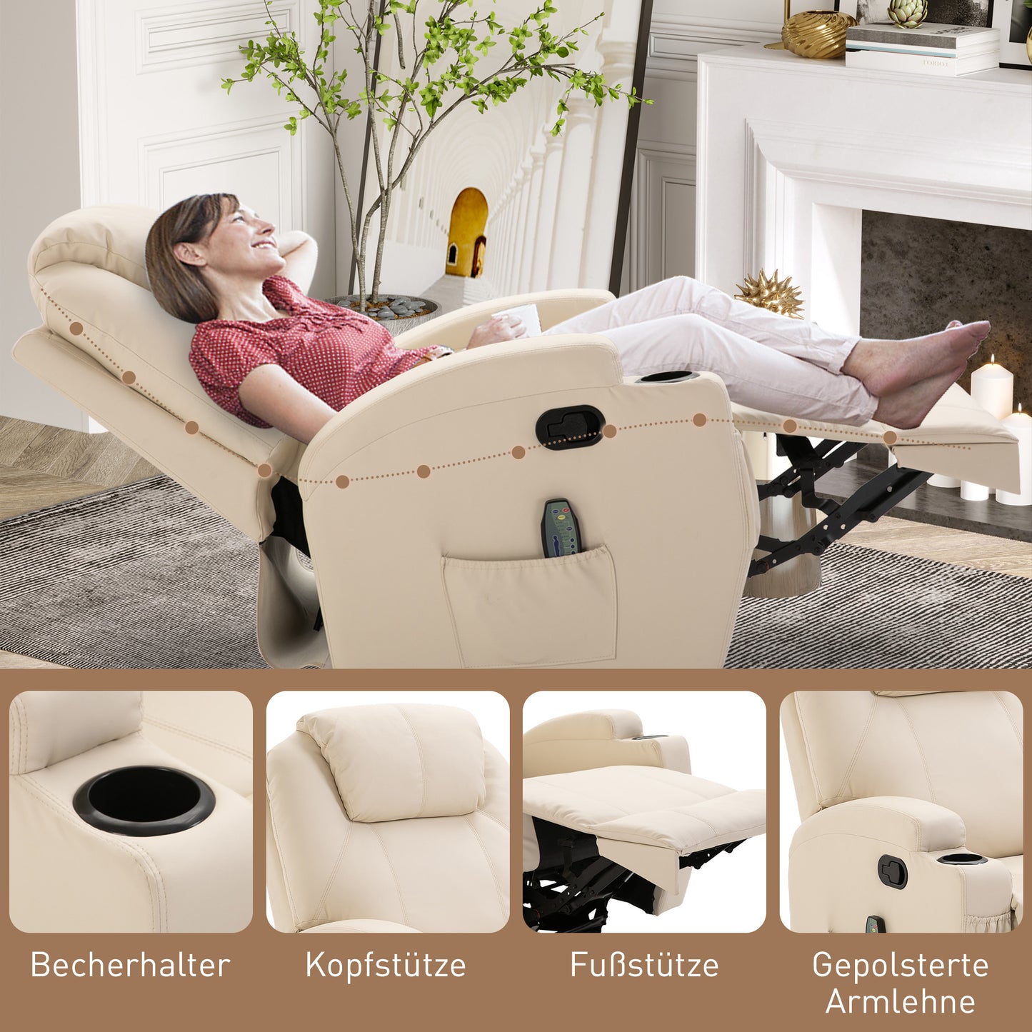 HOMCOM Massagesessel Elektrisch Relaxsessel Fernsehsessel Massagefunktion 5 Massage-Modi Liegefunktion Kunstleder Holz Metall Schaumstoff Cremeweiß 84 x 92 x 109 cm